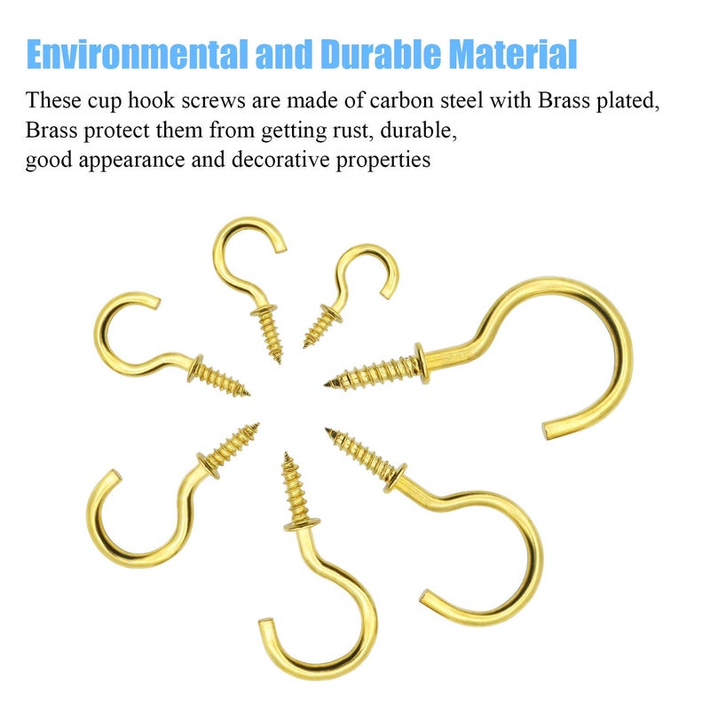 DYWISHKEY Cup Screw Hooks Kit, 136PCS 7 Sizes, Brass Plated Screw-in Hooks for Home, Office and Workplace (1/2", 3/4", 7/8", 1", 1-1/4", 1-1/2") - Image 4